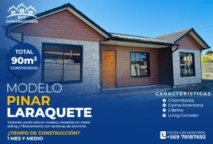 Modelo Nogal Laraquete: Vivienda de 72m² con 3 dormitorios, cocina, 1 baño y living comedor, construida en madera, metal siding y fibrocemento con ventanas de aluminio. Tiempo de construcción: 1 mes y medio.
