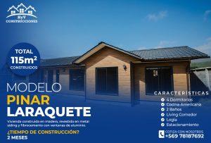 Modelo Pinar Laraquete (90m²): Vivienda de 3 dormitorios, cocina americana, 2 baños y living comedor, construida en madera, metal siding y fibrocemento con ventanas de aluminio. Tiempo de construcción: 1 mes y medio.